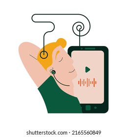 A young man listens to psychological counseling through a gadget to find a way out of situations that disturb the mind. Emotions of Calm and confidence after and during treatment