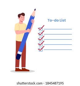 Young man listing to-do list flat illustration concept