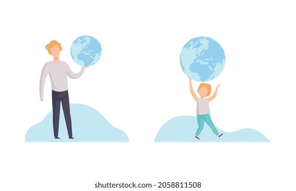 Young Man and Little Boy with Globe Planning Travel Vector Set