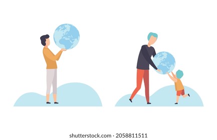 Young Man and Little Boy with Globe Planning Travel Vector Set