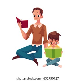 Young man and little boy reading books sitting legs crossed on the floor, cartoon vector illustration isolated on white background. Man and boy, father and son reading thick interesting books, sitting