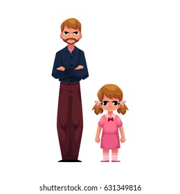 Young man and little girl, father and daughter standing with frowned, angry faces, cartoon vector illustration on white background. Frowning father and daughter standing angry with each other