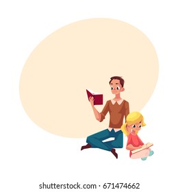 Young man and little girl reading books sitting legs crossed on the floor, cartoon vector illustration with space for text. Man and girl, father and daugther reading thick books, sitting