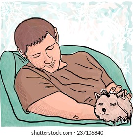 The young man and the little, sleeping puppy. Vector illustration.