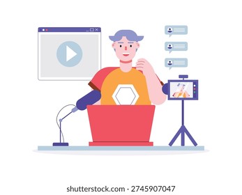 Young man live streaming video content at home using laptop microphone and camera setup. Design character. Vector flat illustration.