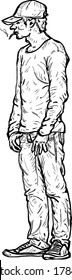 A young man loitering around with a cigarette in his mouth. Hand drawn vector illustration. 