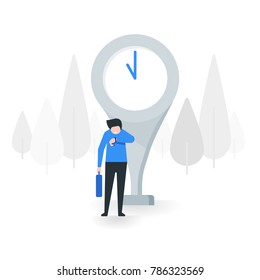 Young man look at his watch and waiting for someone vector illustration with flat design concept. 