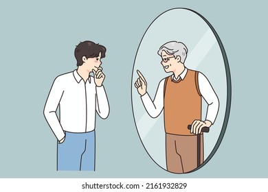 Young man look in mirror see talk with future old self. Younger generation male get advice from older generation himself. Lifetime and self-realization. Vector illustration. 
