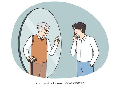 Young man look in mirror see talk with future old self. Younger generation male get advice from older generation himself. Lifetime and self-realization. Vector illustration.