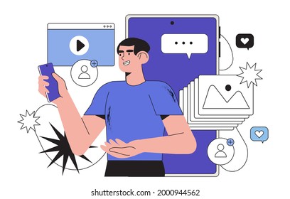 Young man look at smartphone screen and chatting, reffering a friend or presenting new application or website design. Concept of ui, ux design, smm, mobile application testing or programming courses.