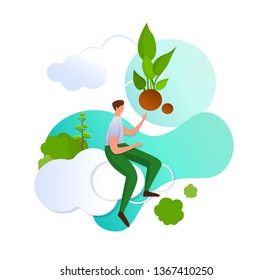 Young Man Looking After Planted Tree. Phytomodule for Domestic Agriculture. Concept of Ecological Garden, Eco Protection, Human Caring Plant Growing Upwards. Cartoon Flat Vector Illustration. Icon.