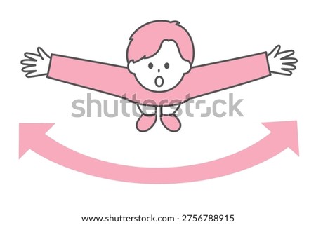 Young man looking up with arms spread sideways and horizontal arrows, top view