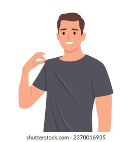 Young  man looking arrogant holding his shirt, successful, positive and proud, pointing to self. Flat vector illustration isolated on white background