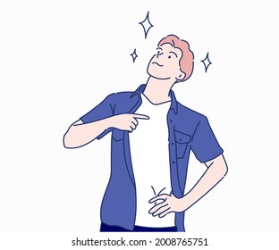 Young man looking away and pointing himself, he proud. Hand drawn in thin line style, vector illustrations.