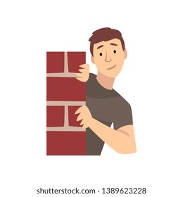 Young Man Looking From Behind Corner of Brick Wall Cartoon Vector Illustration