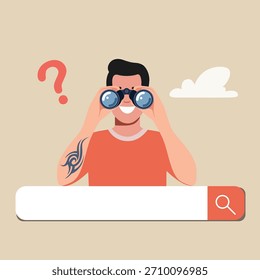 Jovem olhando binocular na barra de busca. Ilustração de vetor de desenhos animados de estilo plano. 