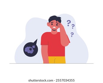 Young man looking confused, holding his head in his hands as if trying to remember something, suffering from memory loss due to confused mind, vector illustration of health problem.