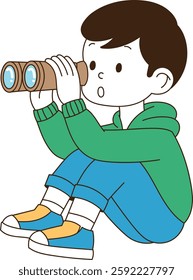A young man looking far away with binoculars. minimal line art vector illustration.