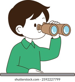 A young man looking far away with binoculars. minimal line art vector illustration.