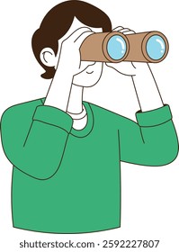 A young man looking far away with binoculars. minimal line art vector illustration.