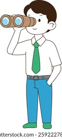 A young man looking far away with binoculars. minimal line art vector illustration.