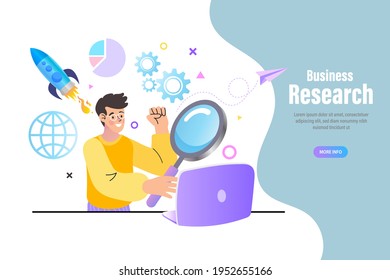 Young man looking forward with a magnifying glass looking through it. Data analysis and business information research solution concept with "analytics" Management and marketing concept.