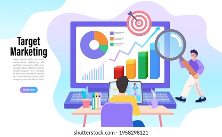 Young man looking forward with a magnifying glass looking through it. Data analysis and business information research solution concept with "analytics" Management and marketing concept.