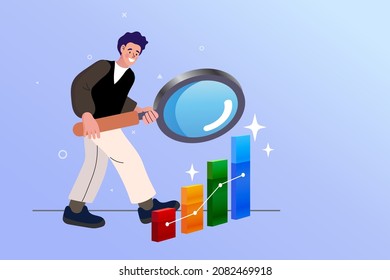 Young man looking forward with a magnifying glass looking through it. Data analysis and business information research solution concept with "analytics" Management and marketing concept.