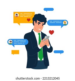 Young man looking for girlfriend through mobile phone dating app. Boyfriend with smartphone chatting, flirting and liking online. Flat vector illustration. 