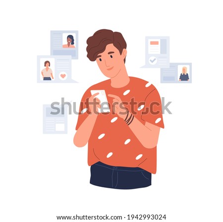 Young man looking for girlfriend through mobile phone dating app. Guy with smartphone chatting, flirting and liking online. Colored flat vector illustration isolated on white background