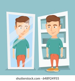 Young man looking at himself in the mirror in the dressing room. Man trying on t-shirt in the dressing room. Man choosing clothes in the dressing room. Vector flat design illustration. Square layout.