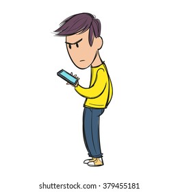 Young man looking at his cell phone, angry and annoyed because the phone is not working properly / is too complicated or he is waiting for a call / someone hung up on him