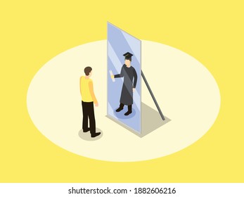 Young man looking at his future self graduated isometric 3d vector concept for banner, website, illustration, landing page, flyer, etc.