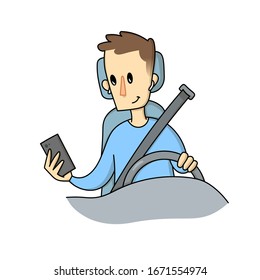 Young man looking at his smartphone while driving the car. Social media addiction and social media dependency concept. Flat cartoon vector illustration, isolated on white background.