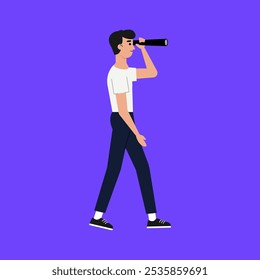 young man looking into binocular vector illustration eps