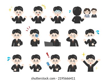 Young man looking for a job. Young man at work. Various facial expressions. Vector illustration.
