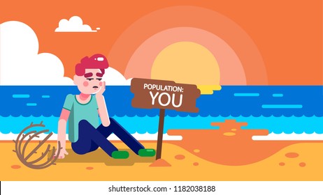 A young man looking lonely is sitting on the beach alone during a sunset. He looks sad. 