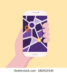 A young man looking at a map on his smartphone is about to go somewhere.
Illustration about look gps on smartphone.