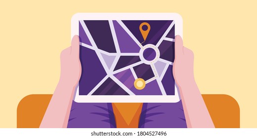 A young man looking at the map in the tablet is about to go somewhere.
Illustration about look map on tablet.