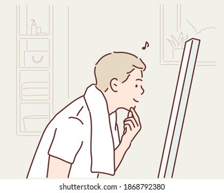 Young man looking at mirror at home. Hand drawn style vector design illustrations.