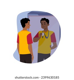 Der junge Mann, der in den Spiegel schaut, stellt sich selbst als Sieger vor. In der Spiegelfake Reflexion ist er der beste Sportler mit Medaille. Vektorgrafik-positive Illustration. Glaube an dich!