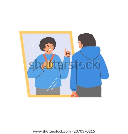 Young man looking in the mirror. In the mirror reflection he is the best sportsman with first place medal. Believe in yourself. Vector cartoon positive illustration isolated on white
