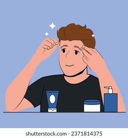 Young man looking in mirror take care of face and hair. Male metrosexual do beauty morning routine. Cosmetology and hygiene. Vector illustration.