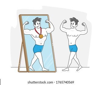 Young Man Looking on Reflection in Big Mirror Imagine himself Sportsman Winner with Medal. Male Character Smiling, Posing, Show Biceps. Narcissism Self-assessment Concept. Linear Vector Illustration