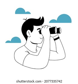 Young man looking on to something through  binoculars, outlined isolated vector illustration