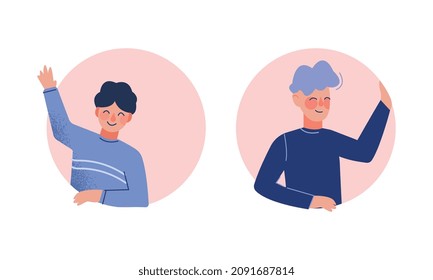 Young Man Looking Out of Round Frame Vector Set