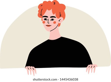 Young Man Looking Out of Semicircular Window Vector Illustration