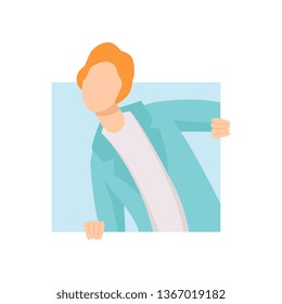 Young man looking out of a square window vector Illustration on a white background