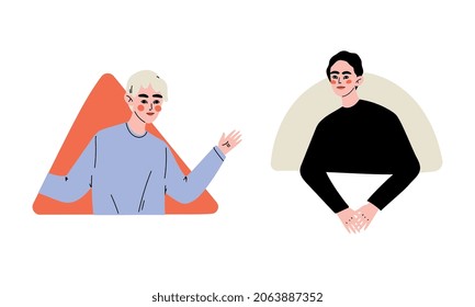 Junge Menschen mit Blick aus Fenster und Waving Hand Vector Set