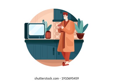 Joven mirando el horno en la cocina. Ilustración plana aislada en fondo blanco.